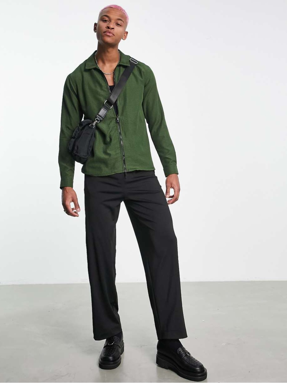 Bolongaro Trevor  Seersucker Zip Up Shirt Jacket Shacket Mens M Green Minimal